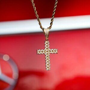 20" Womens 2ct Diamond 14K Gold Rope Chain Cross Necklace 14 K Silver Jewelry
